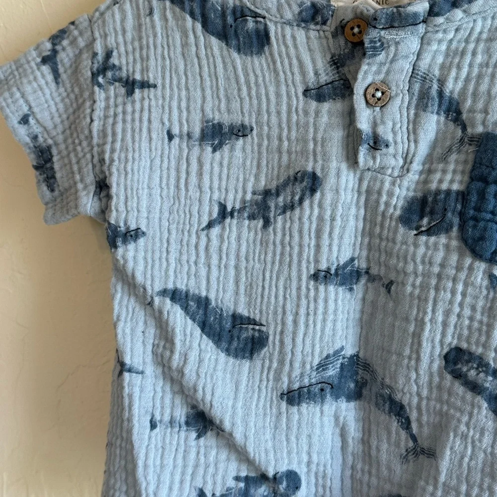 Rabbit + Bear Organic Waffle Cotton Novelty Blue Whale Print Baby Shirt Sz 24m - Picture 5 of 9